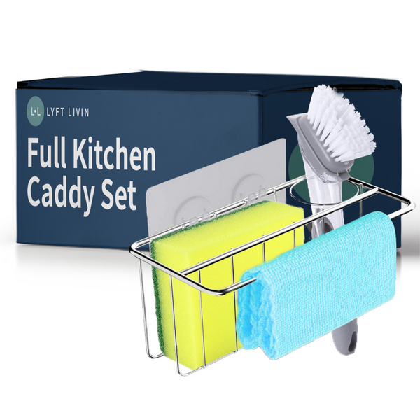 LYFT LIVIN (FULL SET) Kitchen Caddy 4 in 1, Scrub Sponge, Soap Dish Brush, Dish Cloth, Kitchen Sink Organizer, Adhesive Hooks For Quick, Drill-Free Installation, Made of Rust Resistant Stainless Steel